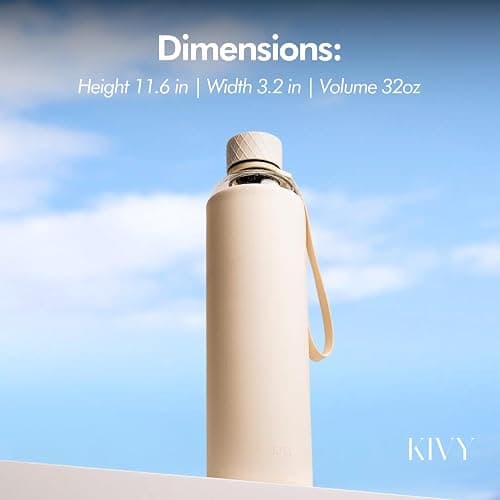 KIVY Glass Water Bottle with Silicone Sleeve 32 oz [WITH MEASUREMENT] - Borosilicate Glass Water Bottle Screw Top - Clear Bottles with Measurement Marking - Slim Waterbottle Aesthetic - Cream White - 32 Ounces - Cream White thumbnail 6