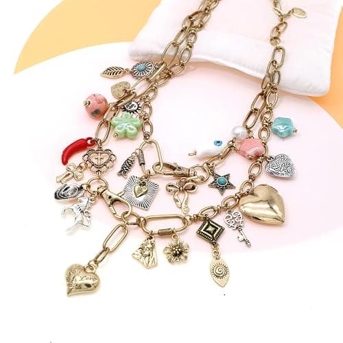 JNF Chunky Layer Heart Charm Necklace for Women Boho Heart Sun Flower Key Coins Charms Necklaces Paperclip Link Chain Necklace Y2K Statement Jewelry thumbnail 5