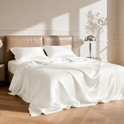 Love's cabin Full Size Satin Sheet Sets - 4 Piece Ivory Silky Sheet Set Full with Deep Pocket, Luxury Silk Feel Bed Sheets Full Bedding Set (1 Flat Sheet,1 Fitted Sheet,2 Pillow Cases) thumbnail 2