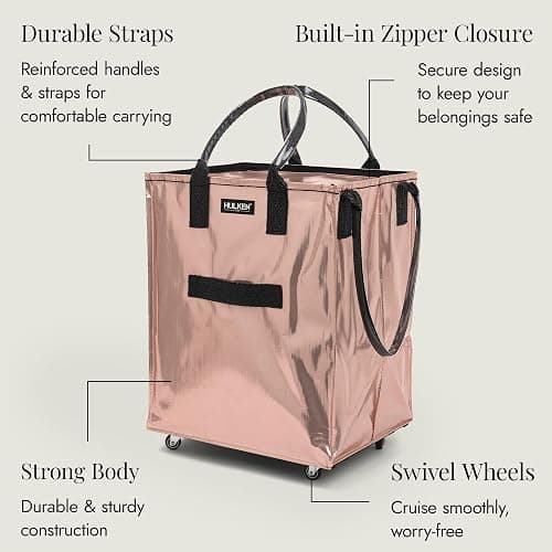 (Large, Rose Gold) Reusable Grocery Bag On Wheels, Shopping Trolley, Rolling Tote, Zipper Closure, Lightweight, Carries Up to 66 lb, Folds Flat, Unbreakable Handles thumbnail 8
