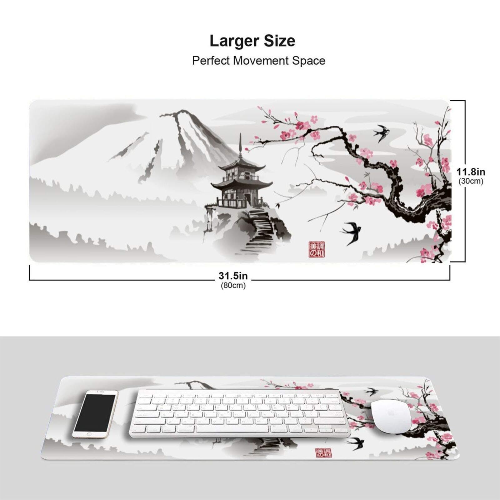 Japanese Cherry Blossom White Gaming Mouse Pad XL, Extended Large Mouse Mat Desk Pad, Stitched Edges Mousepad, Long Nonslip Rubber Base Mice Pad, 31.5 X 11.8 Inch thumbnail 2