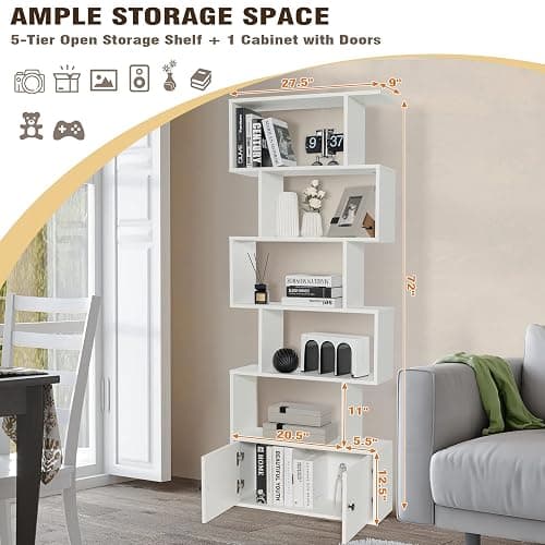 Giantex 6-Tier Geometric Bookcase with Cabinet, Freestanding Display Shelves with Anti-Tipping Device, Wood S-Shaped Bookshelf for Living Room, Bedroom, Study, White thumbnail 3