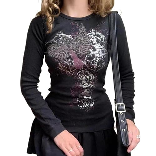 Grunge Shirts Emo Clothe Teen Girls Vintage Graphic Tee Y2k 2000s Goth Top Women Mcbling Long Sleeve Streetwear - Image 1