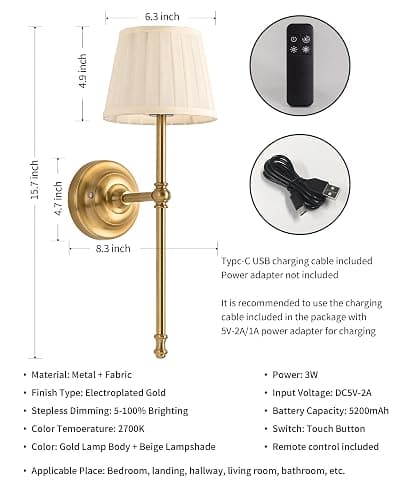 VISDANFO Aufladbare Wandlampe 2 Stück, LED-Wandleuchte aus Stoff mit Akku, Dimmbare Beleuchtung mit 5200 mAh und Kabelloser Fernbedienung für Wohnzimmer, Schlafzimmer, Flur, Treppenhaus (Gold) thumbnail 5