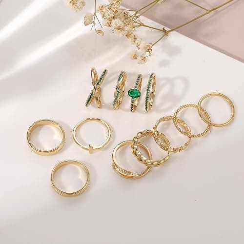 FAXHION 12 PCS Dainty 14K Gold Rings for Women, Eternity Open Chunky Twist Simulated Diamond Criss Cross Designs, Non Tarnish Gold Plated Stacking Thumb Ring, Perfect for Wedding Bands Size 5-11 thumbnail 4