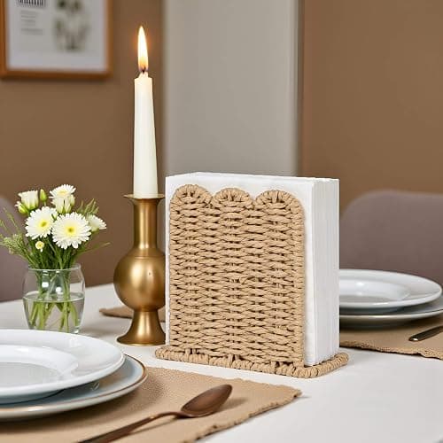 CubesLand Scalloped Edge Napkin Holder for Table Home Rustic Room Decor, Paper Rope Napkin Dispenser for Kitchen Countertop Dining Hotel, Cocktail Napkin Holder for Indoor & Outdoor Party, Beige thumbnail 2