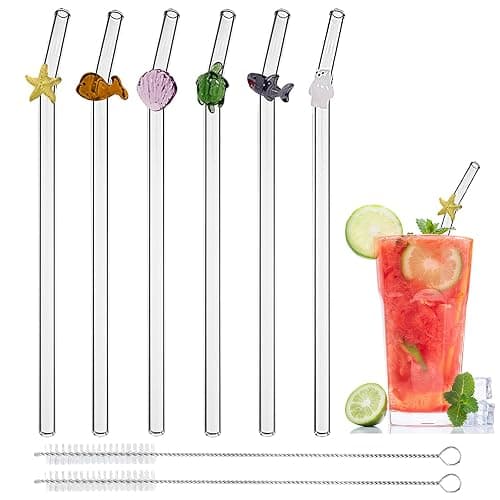 Reusable Glass Straws Set, Clear Glass Drinking Straws with Cleaning Brush, Perfect for Smoothies, Coffee, Juice, Tea, Milk, Cocktails (Sea Animals) - Image 1