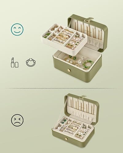SONGMICS Schmuckkästchen Reise, Schmuckkasten klein, 2 Ebenen Schmuckaufbewahrung, tragbar, Schmuck-Reiseetui, für größere Accessoires, 11 x 16 x 8 cm, Geschenkidee, lorbeergrün JBC166C02 thumbnail 5