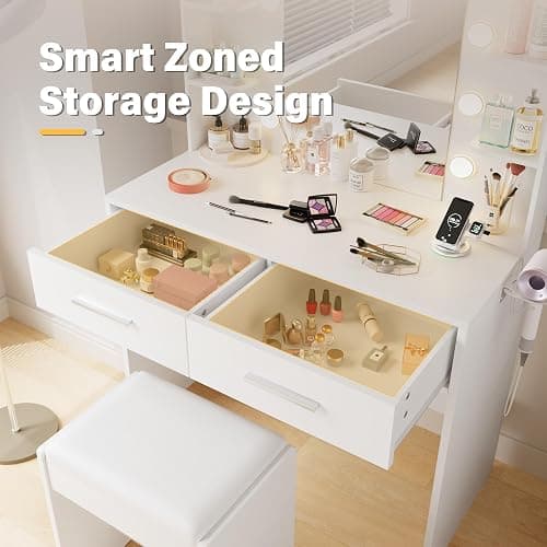 YESHOMY Vanity Desk with Mirror, Makeup Table with 2 Large Drawers, Power Outlet and Round Holder, 3 Color Modes Adjustable Bulb, Bench Included, Easy Assembly, Gloss White thumbnail 4