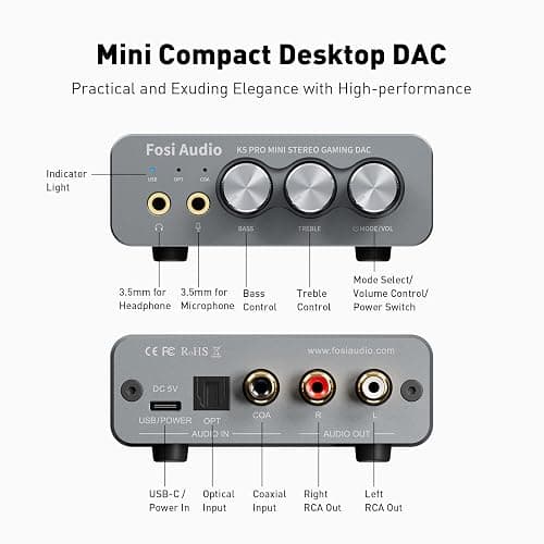 Fosi Audio K5 Pro Gaming DAC Headphone Amplifier Mini Hi-Fi Stereo Digital-to-Analog Audio Converter USB Type C/Optical/Coaxial to RCA/3.5MM AUX for PS5/PC/MAC/Computer thumbnail 2