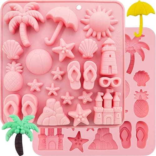 2Pcs Summer Beach Theme Silicone Molds for Chocolate, Coconut Tree Starfish Shells Beacon Pineapple Shape Candy Chocolate Mold for Tropical Summer Party Marine Jello Cookie Ice Cube Baking Mould - Image 1