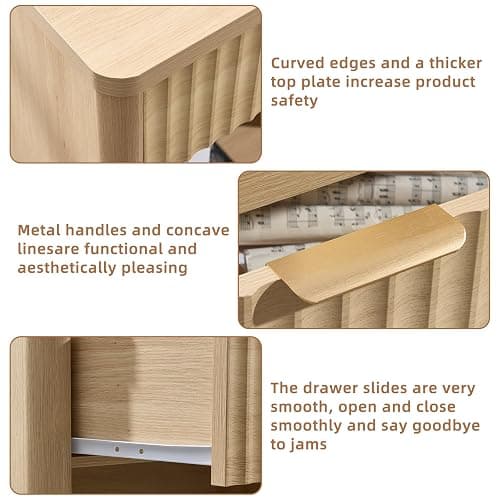 LEYAOYAO 31" Wide Fluted Nightstand with Charging Station, Oversized Extra Large 1 Drawer Night Stand with Golden Handle, Natural Wood Bedside Table Tall End Tables,for Bedroom, Living Room, Hallway thumbnail 6