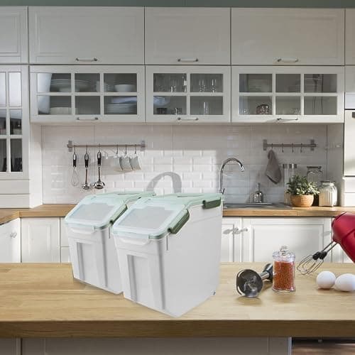 Toolzia 2 Pcs 10kg Airtight Cereal Storage Container with Wheels, Plastic Flour Storage Box Large Rice Dispenser Dry Food Storage Bins BPA-Free(Green) thumbnail 6