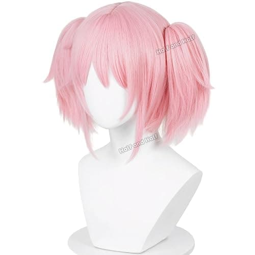 Half and Half Mado-ka Cosplay Wig Pink Anime Ponytail Wigs with Bangs Short Light Pink Cute Lolita Twin Tails Wig for Women Halloween Party Costumes thumbnail 8
