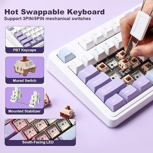 MIKIBY AJAZZ AK980 Mechanical Keyboard, Creamy & Thocky with Smart Display & Knob, 98% Wireless Tri-Mode BT/2.4G/USB-C, Hot Swappable, RGB Light for Win & Mac (Purple, Murad Switch) thumbnail 7