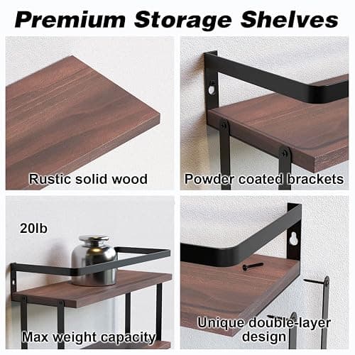 RICHER HOUSE 2+1 Tier Wall Mounted Floating Shelves Set of 2, Rustic Wood Shelf with Metal Frame, Extra Storage Rack for Bathroom, Kitchen, Bedroom with Tissue Rack & Towel Bar - Rustic Brown thumbnail 3
