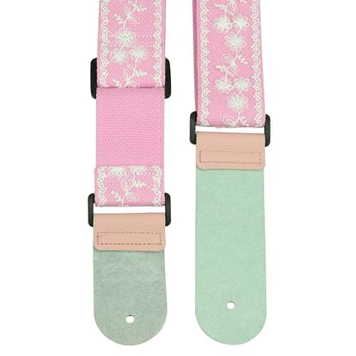 ALLZEDREAM Guitar Strap,Genuine Leather Ends,Lace Sequins Original Design (Lace Pink) thumbnail 3