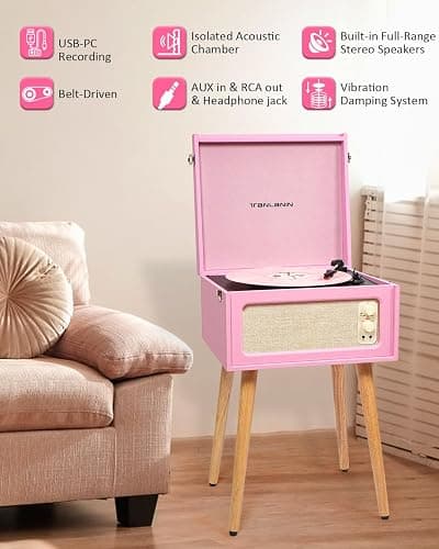 Vintage Standing Pink Vinyl Record Player with Detachable Legs, Built-in 4 Speakers, USB to PC Encoding, 33/45/78 RPM LP Player Bluetooth Retro Turntables Support Headphone Jack, RCA Out, AUX in thumbnail 4