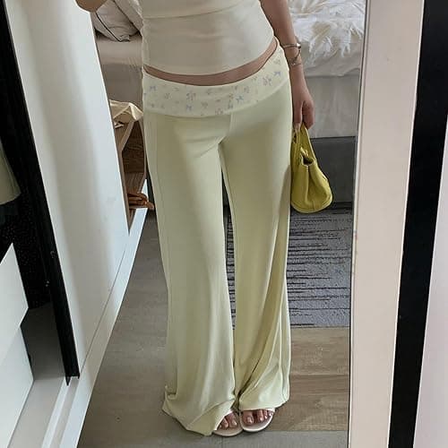 Coquette Cute Fold Over Yoga Pants Women Priscilla Wide Leg Flare Leggings Aesthetic Workout Clothes Y2k Bottoms thumbnail 6