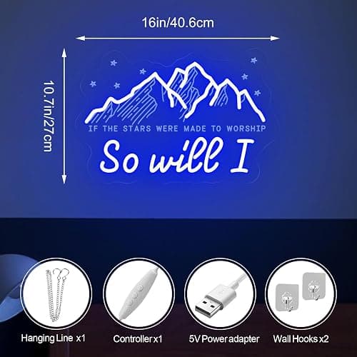 If The Stars Were Made to Worship So Will I Neon Sign, Christian LED Wall Light, Bible Verse Wall Art, Inspirational Jesus Quote Sign, Mountain Lover Gift, Catholic Faith Home Decor 16〞× 10.7〞 thumbnail 2