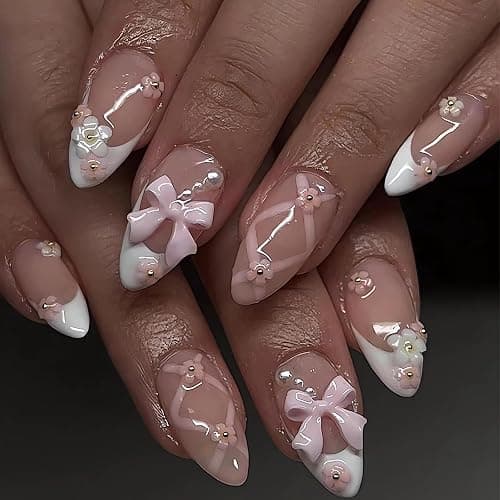 Jewl Aoer Press on Nails Short Almond Pink Artificial Fake Nails 3D Bow Tie Flower Stick On Nail with French Tip Acrylic Reusable Press Ons False Nails Kit for Women Girls-24pcs - Image 1