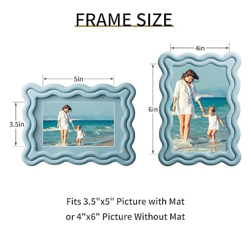 iRahmen 4x6 Wavy Picture Frame Set of 2 - Scalloped Frame Display Picture 3.5x5 with Mat or 4 x 6 Without Mat, Blue Photo Frame with Tempered Glass for Tabletop Display and Wall Mount thumbnail 3