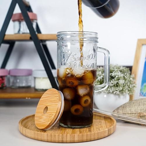 ANOTION Glass Cups with Lids and Straws - 24oz Tumbler with Handle Coffee Cups Glass Straws Glasses Mason Jar Cups Drinking Set Kitchen Essentials Coffee Bar Accessories House Warming Gifts New Home thumbnail 7