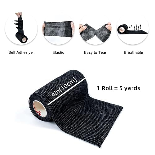 Carbou Self Adhesive Bandage Wrap 4" x 5yd 8ct Vet & Athletic Black | Vet Wrap Elastic Cohesive Bandage Self Adherant Non-Woven Wrap for Wrist, Ankle, Hand,First Aid Medical Stretch Wrap thumbnail 2
