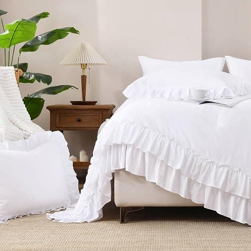 Andency White Comforter Set Queen Size, Lightweight Fluffy Farmhouse White Ruffle Bedding Set, Soft Microfiber All Season Shabby Chic Bed Comforter Set 3 Pieces(1 Ruffle Comforter 2 Pillowcases) thumbnail 6