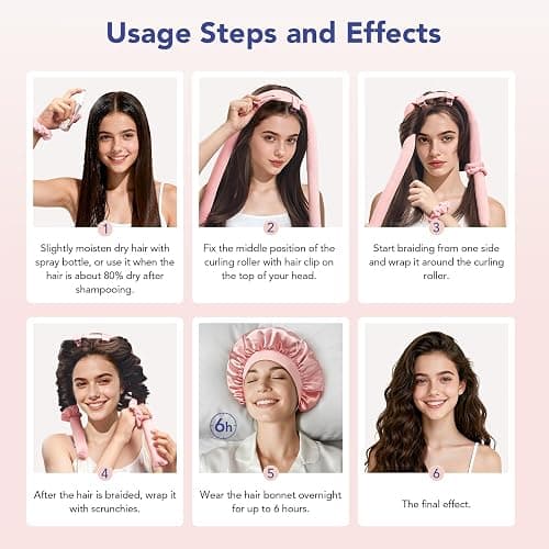LitBear Heatless Curls Overnight, 2 Sizes of Soft Hair Rollers for Women with Bonnet to Sleep In, No Heat Hair Curlers Set with Scrunchies and Clips, for Long and Medium Hair (Pink) thumbnail 5