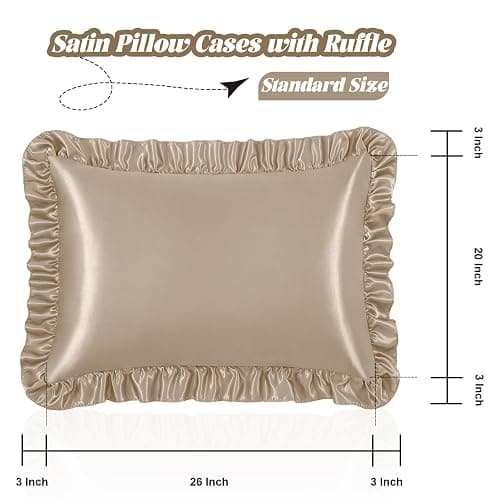 Homiest Ruffle Satin Pillowcase for Hair and Skin, Standard Size Satin Pillow Covers Silky Pillow Cases Set of 2, Satin Ruffled Pillowcase with Envelope Closure, Anti Wrinkle Pillow Shams (Taupe) thumbnail 3