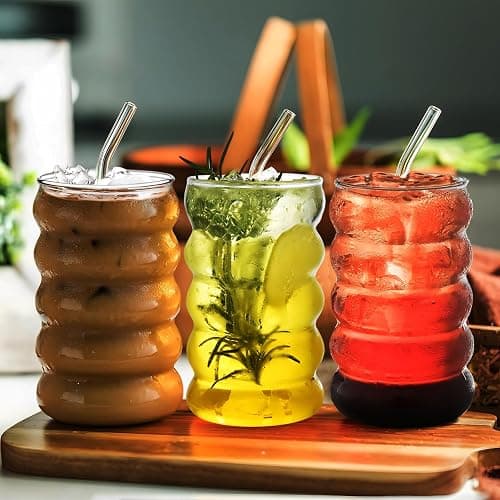 Ework4U 4 Pcs 20oz Drinking Glasses Set with Straws, Cute Iced Coffee Glass Cups, Iced Coffee Tumblers, Thick Drinking Jars for Smoothie, Boba Milk Tea, Ideal for Gift, with Straw Brush thumbnail 8
