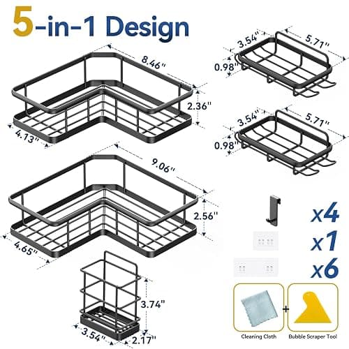 YASONIC Shower Caddy Corner, 5-Pack Shower Caddy Organizer with 4 Removable Hooks and Soap Holder, Rustproof Shower Shelves for No Drilling Large Shower Organizer Corner - Black - Black - 5pack thumbnail 2