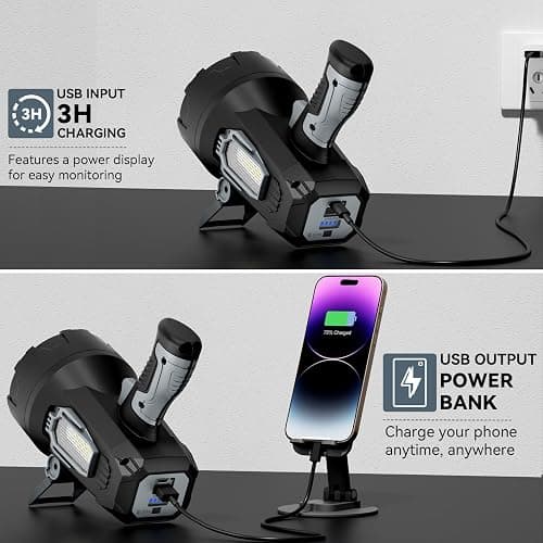 Rechargeable Spotlight 200000 Lumens, Waterproof Super Bright Spotlight Flashlight, LED Spotlights with 3 Color Lenses and Foldable Stand, Long Runtime Large Handheld Spot Light for Outdoor Boating thumbnail 5