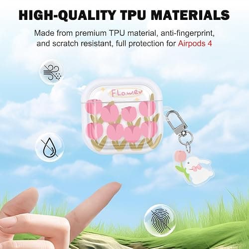 CameCosy Case Compatible for Airpods 4 Generation 2024 with Pendant, Cute Flower Cover with Pink Tulips Pattern for Girls Women, Protective Case in Shockproof Anti-Scratch Anti-Slip Anti-dust TPU thumbnail 4
