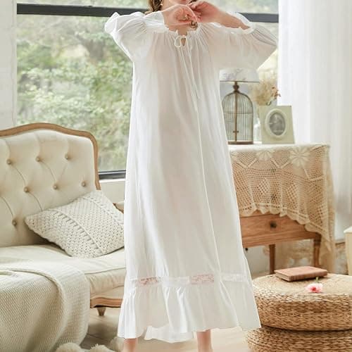 Homgro Women's Cotton Nightgown Long Sleeve Nightgowns Victorian Vintage Autumn Night Shirt thumbnail 3