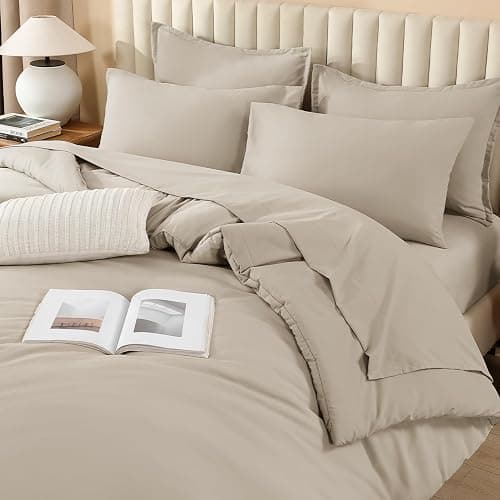 Litanika Comforter King Size Set Oatmeal - 7 Pieces Bed in a Bag King Bedding Comforter Sets, Plain Lightweight Bed Set with Comforter, Sheets, Pillowcases & Shams thumbnail 3