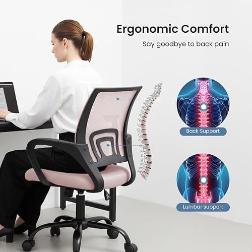 DUMOS Office Desk Chair - Ergonomic Mid Back with Lumbar Support & Rocking Mode, Height Adjustable with Fixed Armrest, Storage Back for Computer, Gaming, Conference, Meeting Room, 360° Swivel, Pink thumbnail 5