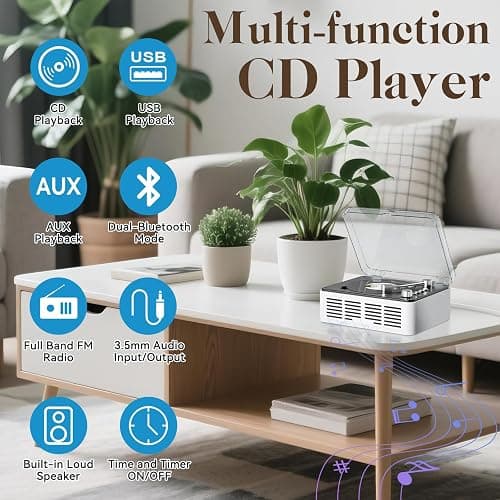 Gueray CD Player with Speakers HiFi Stereo Sound for Home,Bluetooth Retro Wood CD Music Players FM Radio with Remote Control,Support USB & AUX Playback thumbnail 2