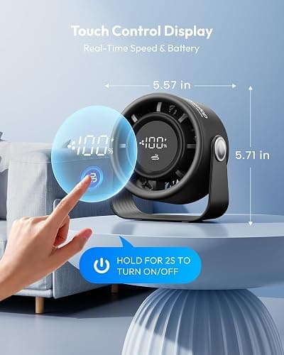 Gaiatop Small Desk Fan Rechargeable, Quiet Personal Table Fan, Touch Control Display, 360° Tilt, 5-Speed Strong Wind, 4000mAh Battery, Small Fans for Bedroom Dorm Office, Gifts for Women Men, Black thumbnail 2