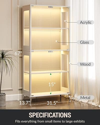 Display Cabinet with Glass Doors, 4-Tier, RGB Lights, Adjustable Shelves | Tempered glass doors; 2 adjustable shelves; app/remote RGB lighting; for collectibles, figures, trophies & books; white. thumbnail 7