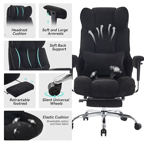 Efomao Executive Office Chair, Soft-Cushioned Computer Chair with Foot Rest, Fabric Home Office Desk Chairs, Big and Tall Office Chairs, Black thumbnail 4