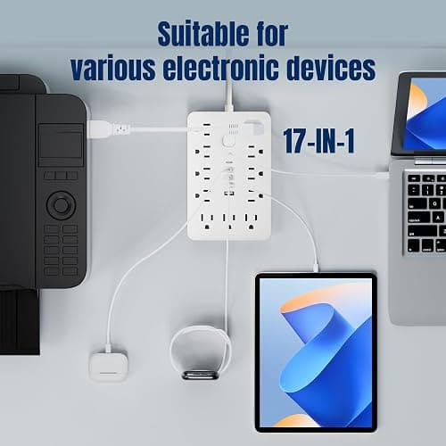 JouleLoom 6 FT Flat Plug Surge Protector Power Strip,11 Multiple AC Outlets with 6 USB Ports (2 USB C), 6 Feet Extension Cord, 1250W/10A, One Touch Switch Button, 17 in 1 Compact powerstrip-White thumbnail 7