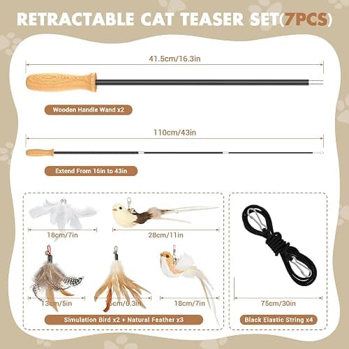 ROSAUI Cat Teaser Wand Toys, Interactive Bird Toys for Indoor Kittens, 42.15’’ Long Cat Fishing Pole Toys, 2Pcs Wires and 5Pcs Natural Refills, Sustainable Wooden Handles, Exercising, Playing thumbnail 2