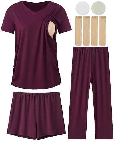 DANSHOW 3 Piece Maternity Nursing Pajamas Set Postpartum Pjs Breastfeeding Sleepwear, Adjustable Waistband - Image 1