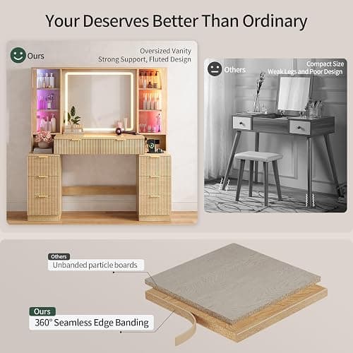 Big Vanity, Fluted Wood Makeup Vanity with Mirror Lights, Oak Vanity Desk | Large, Charging Station, Sound Sync Chasing LED Lights, Wood Vanities, Luxury Glass Cabinets, 8 Drawers, Girls, Women thumbnail 7