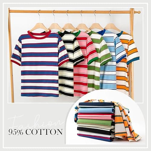 Womens Tops Cotton Casual Color Block Striped Short Sleeve Shirts Crewneck T Shirts Loose Basic Tee Blouses thumbnail 5