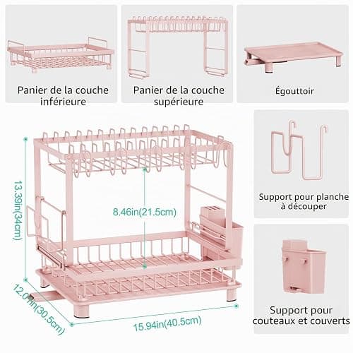 Nfnoyp Égouttoir à Vaisselle Multifonction à 2 Niveaux, antirouille avec égouttoir, ustensiles et Porte-gobelets pour comptoir de Cuisine, Rose thumbnail 2