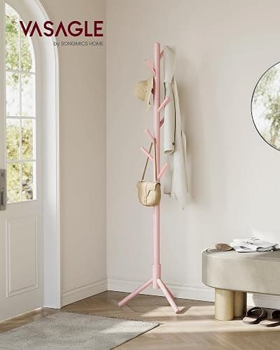 VASAGLE Solid Wood Coat Rack, Free Standing Tree-Shaped Coat Rack with 8 Hooks, 3 Height Options, for Clothes, Hats, Bags, Living Room, Bedroom, Home Office, Jelly Pink URCR004R01 thumbnail 2