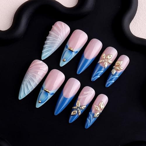 Almond Press on Nails Blue French Tip Fake Nails with Gold 3D Flower Water Ripple Designs Full Cover Acrylic Nail False Nails Long Glossy Stick on Nails for Women Girls Manicure Decor 24 Pcs thumbnail 2
